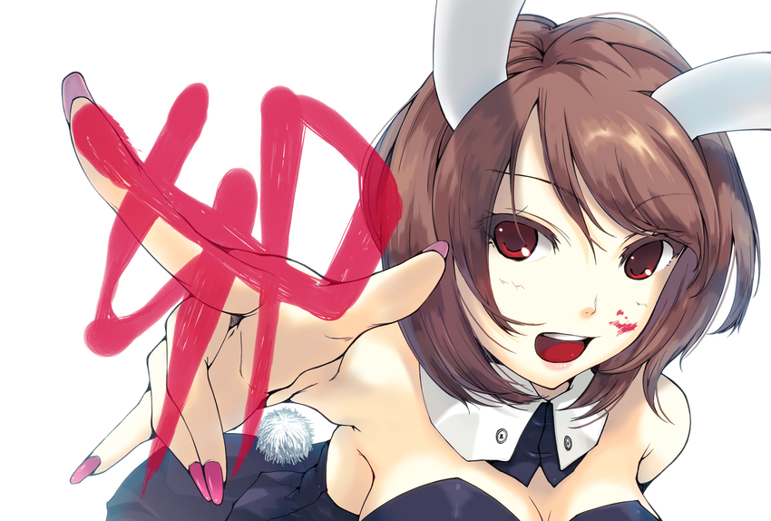 brown_hair, bunny_ears, bunny_tail, bunnysuit, collar, copyright_request, red_eyes, short_hair