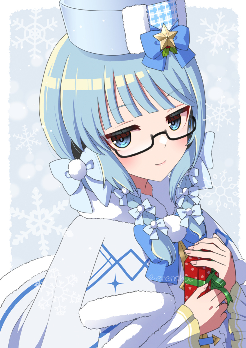 1girl, blue_bow, blue_eyes, blue_hair, bow, box, character_request, erenshu, gift, gift_box, glasses, grey_hat, hair_bow, hat, hat_bow, hat_ornament, highres, holding, holding_gift, holly, pom_pom_(clothes), semi-rimless_eyewear, snowflakes, solo, star_(symbol), star_hat_ornament, station_memories, twitter_username, upper_body