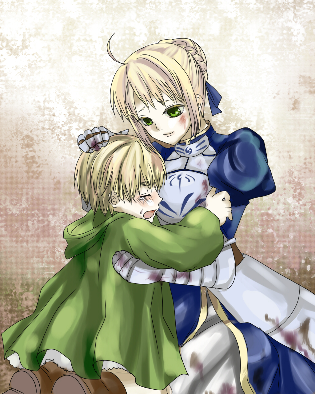 1girl, armor, axis_powers_hetalia, blonde_hair, blood, child, crossover, crying, fate/stay_night, fate_(series), highres, saber, seiyuu_connection, sugiyama_noriaki, united_kingdom_(hetalia)
