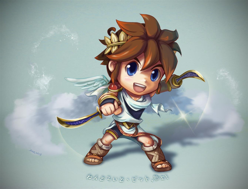 1boy, :d, ahoge, ancient_greek_clothes, angel, angel_wings, black_undershirt, bracer