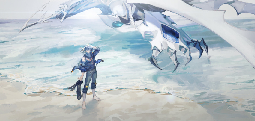 1boy, bad_link, barefoot, beach, black_hair, black_shirt, blue_jacket, boots
