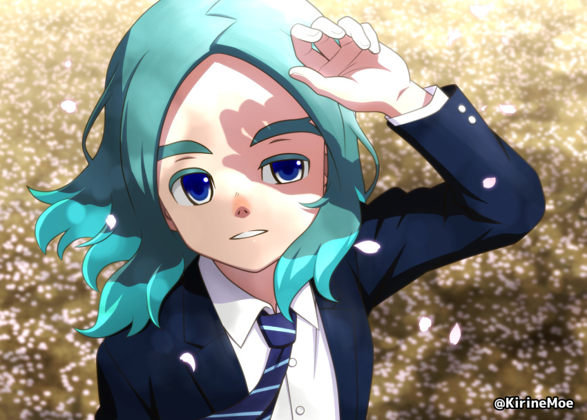 1boy, aqua_hair, blue_eyes, blue_jacket, blue_necktie, collared_shirt, green_hair, highres