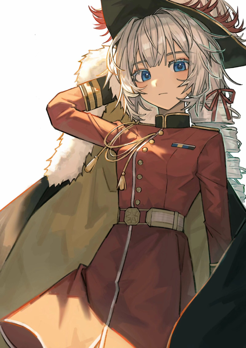 1girl, :|, aiguillette, arm_behind_head, arm_up, belt, black_cape, black_hat