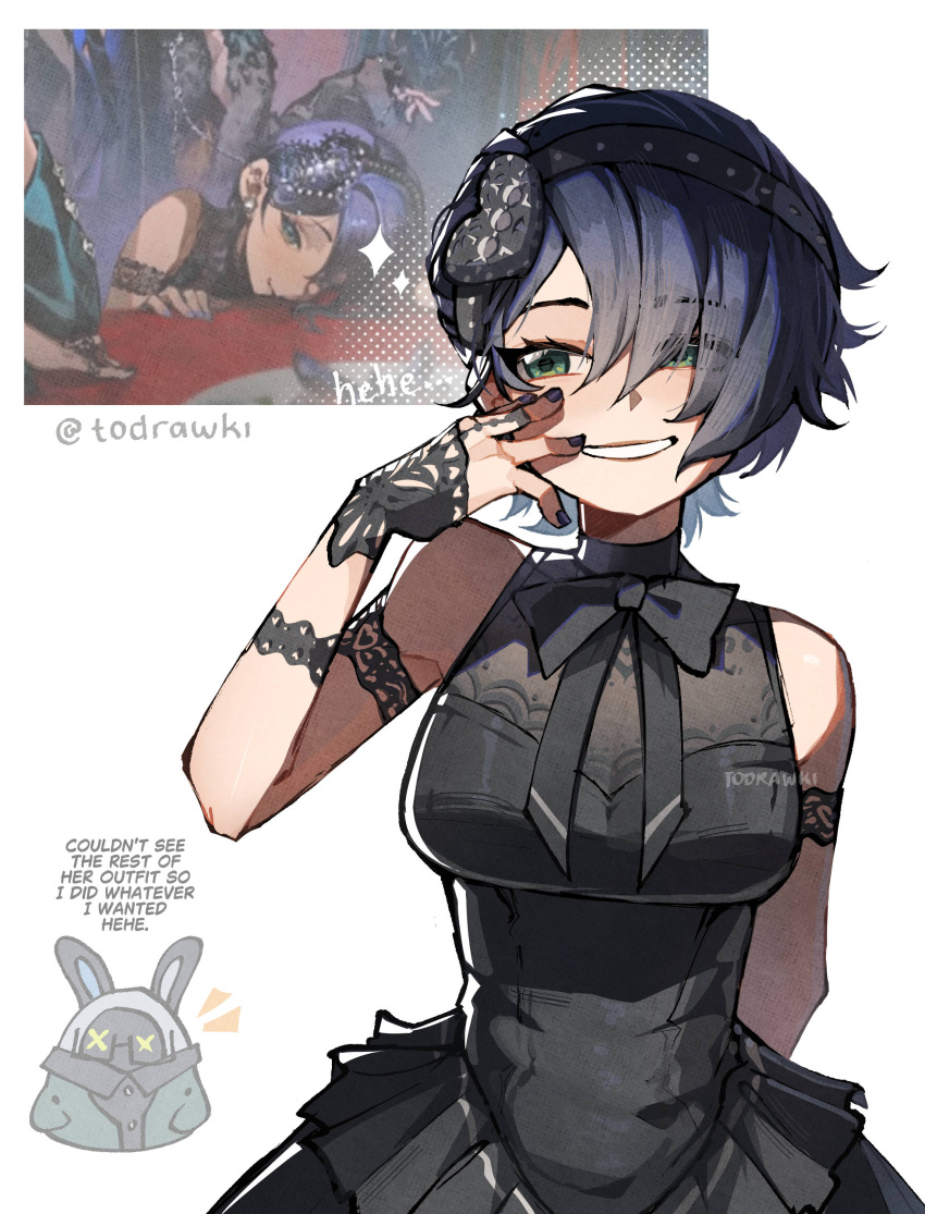 1girl, absurdres, alternate_hairstyle, belle_(zenless_zone_zero), black_dress, black_hairband, black_nails, blue_hair, breasts, clenched_teeth, dress, english_text, green_eyes, hairband, headband, highres, lace_armband, large_breasts, looking_to_the_side, official_alternate_costume, open_mouth, reference_inset, simple_background, sleeveless, sleeveless_dress, solo, teeth, twitter_username, upper_body, white_background, wokiiarts, zenless_zone_zero