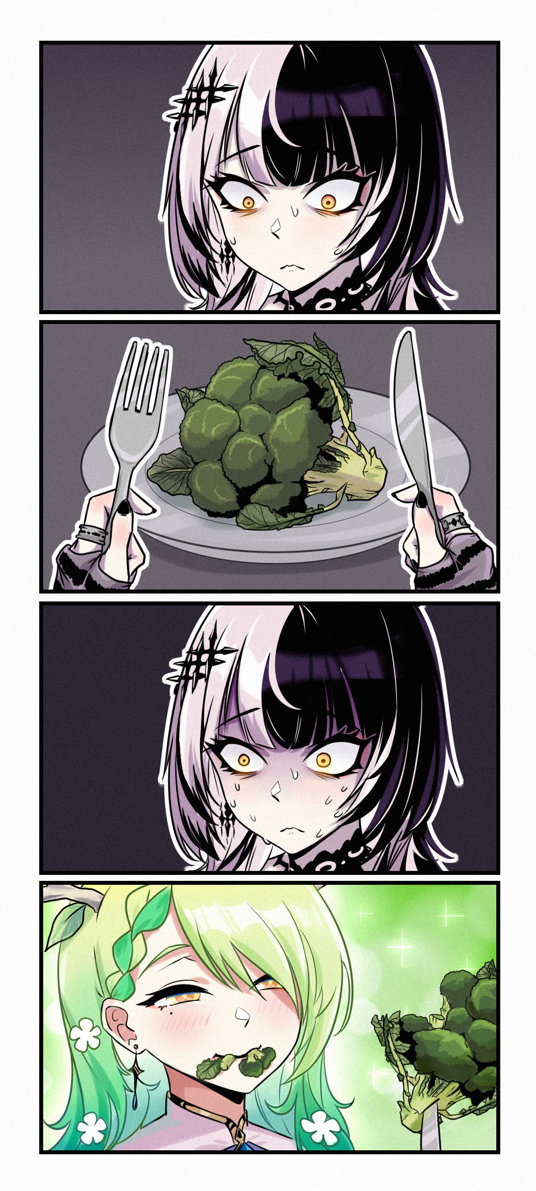 2girls, absurdres, black_hair, broccoli, ceres_fauna, earrings, eating, flower