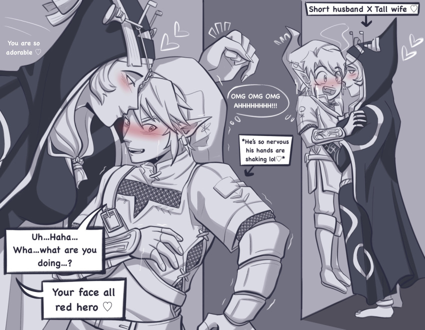 1boy, 1girl, armor, belt, blush, chainmail, dress, english_text, fang, gauntlets, greyscale, heart, held_up, hetero, highres, link, midna, midna_(true), monochrome, pichichustudio, pointy_ears, pointy_hat, short_male, tall_female, the_legend_of_zelda