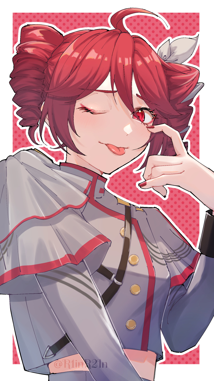 1girl, absurdres, ahoge, akanbe, black_sleeves, border, bow, buttons, double-parted_bangs, drill_hair, eyelid_pull, fingernails, grey_jacket, hair_between_eyes, hair_bow, hair_ribbon, highres, igarashi_sora, jacket, kasane_teto, kasane_teto_(sv), long_sleeves, midriff_peek, nail_polish, red_background, red_nails, red_trim, redhead, ribbon, shoulder_belt, shoulder_boards, sleeve_cuffs, sleeves_past_elbows, solo, striped_clothes, striped_jacket, synthesizer_v, tongue, tongue_out, twin_drills, utau, white_border, white_bow, white_ribbon