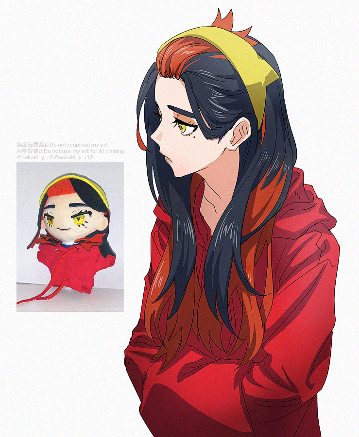 1girl, alternate_hairstyle, black_hair, carmine_(pokemon), colored_inner_hair, expressionless, eyelashes, hairband