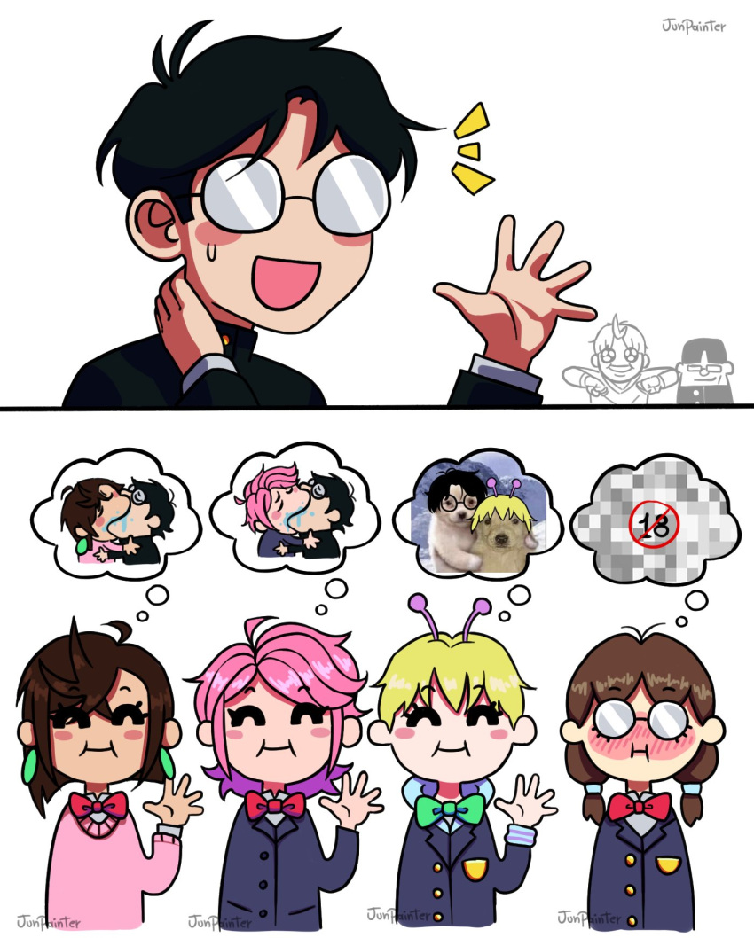 3boys, 4girls, alien, antennae, ayase_momo, black_hair, blonde_hair, blush