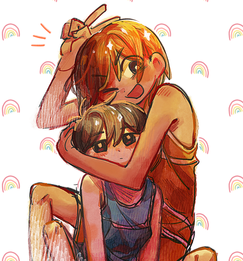 2boys, alternate_costume, arm_up, black_eyes, black_hair, blush, bright_pupils, brown_hair