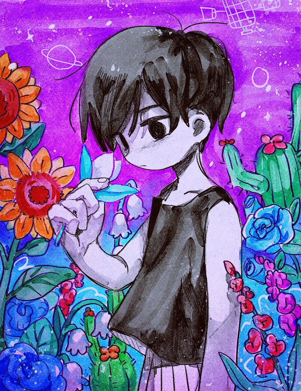 1boy, black_eyes, black_hair, black_tank_top, cactus, closed_mouth, collarbone, expressionless