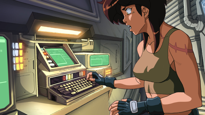 1990s_(style), 1girl, alien:_monday, alien_(series), ashlin_(alien:_monday), black_gloves, breasts, brown_hair, commentary, computer, computer_keyboard, crop_top, english_commentary, fingerless_gloves, gloves, green_tank_top, highres, medium_breasts, midriff, otaking, profile, retro_artstyle, scar, scar_on_neck, scar_on_shoulder, science_fiction, solo, tank_top, upper_body