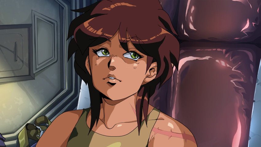 1990s_(style), 1girl, alien:_monday, alien_(series), ashlin_(alien:_monday), brown_hair, commentary, english_commentary