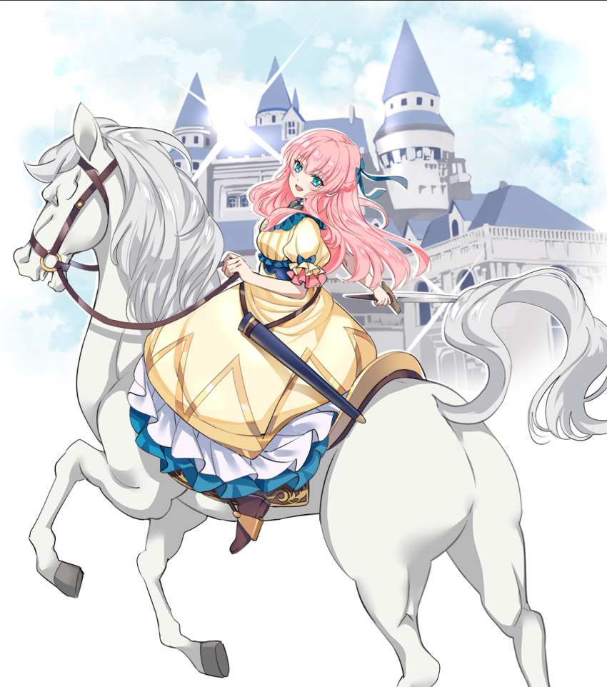 1girl, aqua_eyes, boots, bow, brown_footwear, castle, clouds, cloudy_sky