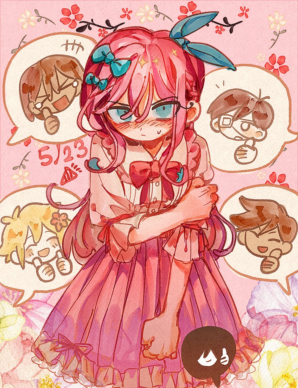 >_<, +++, 1girl, 4boys, alternate_costume, aubrey_(faraway)_(omori), aubrey_(omori), basil_(faraway)_(omori), basil_(omori), black_hair, blonde_hair, blue_bow, blue_ribbon, blush, bow, brown_hair, chibi, chibi_inset, closed_eyes, closed_mouth, dark-skinned_male, dark_skin, eyepatch, flower, hair_bow, hair_flower, hair_ornament, hair_ribbon, hero_(faraway)_(omori), hero_(omori), highres, kel_(faraway)_(omori), kel_(omori), looking_at_viewer, machine_backup, multiple_boys, omori, open_mouth, pink_skirt, ribbon, short_hair, short_sleeves, skirt, smile, something_(omori), speech_bubble, spoilers, sunny_(omori), thumbs_up