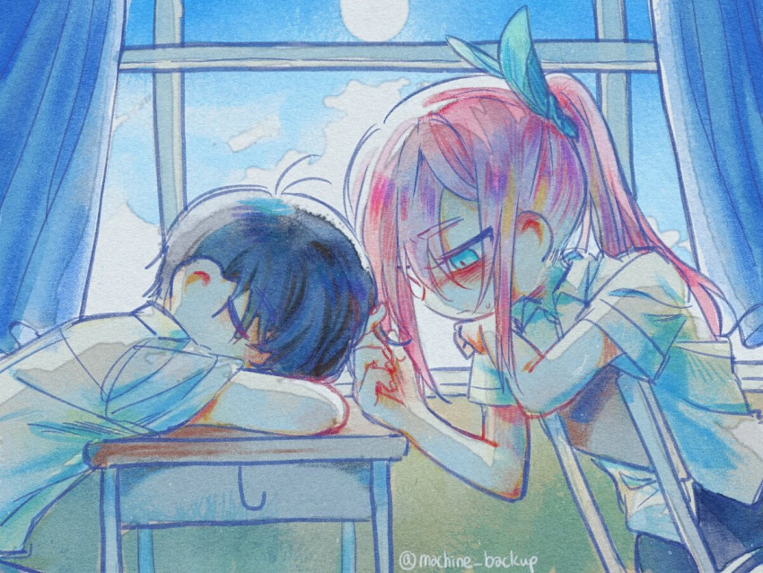 1boy, 1girl, alternate_costume, aubrey_(faraway)_(omori), aubrey_(omori), black_hair, blue_ribbon, chair