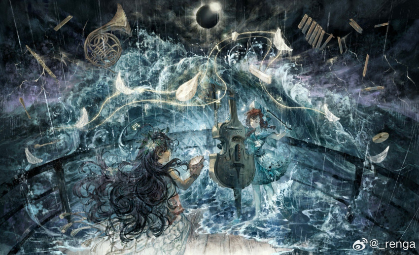 2girls, ahoge, aqua_eyes, barcarola_(reverse:1999), black_hair, black_sky, blue_shirt, blue_skirt