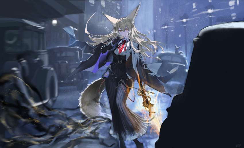 1girl, absurdres, animal_ears, arknights, between_fingers, black_coat, black_gloves, black_jacket