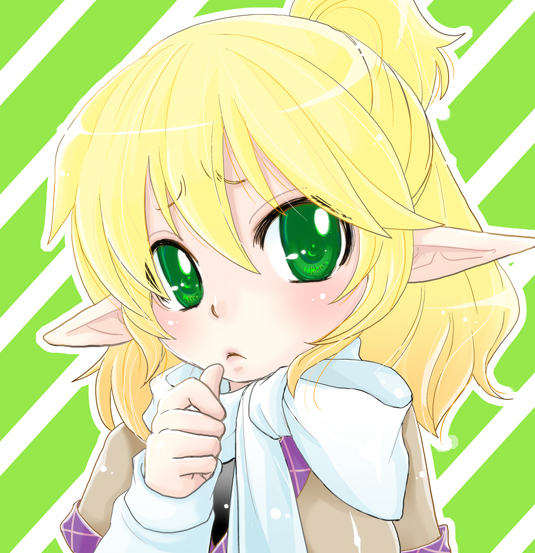 :<, blonde_hair, blush, green_eyes, mizuhashi_parsee, pointy_ears, scarf, short_hair