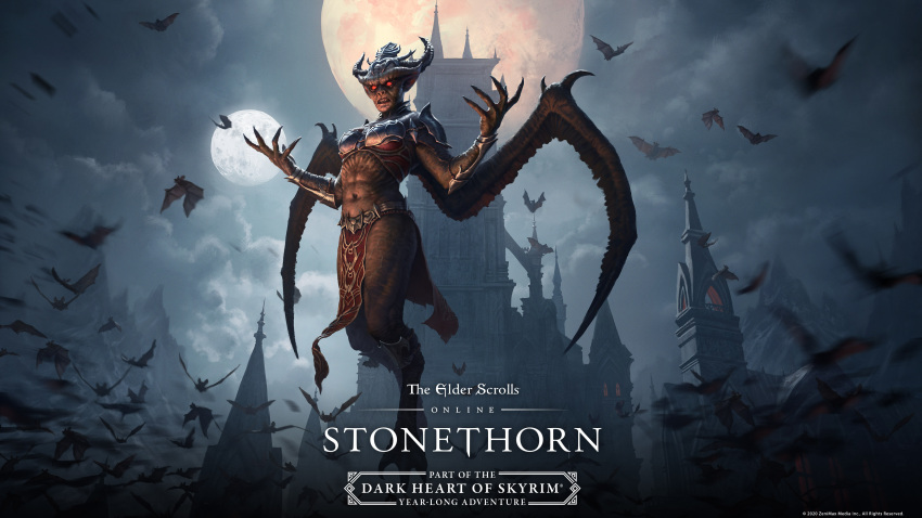 1boy, absurdres, architecture, bat_(animal), copyright_name, english_text, full_moon, gothic_architecture