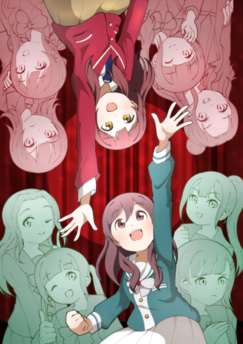 3nu_m, 6+girls, :d, absurdres, amakusa_hikaru, arm_up, blazer, blue_necktie