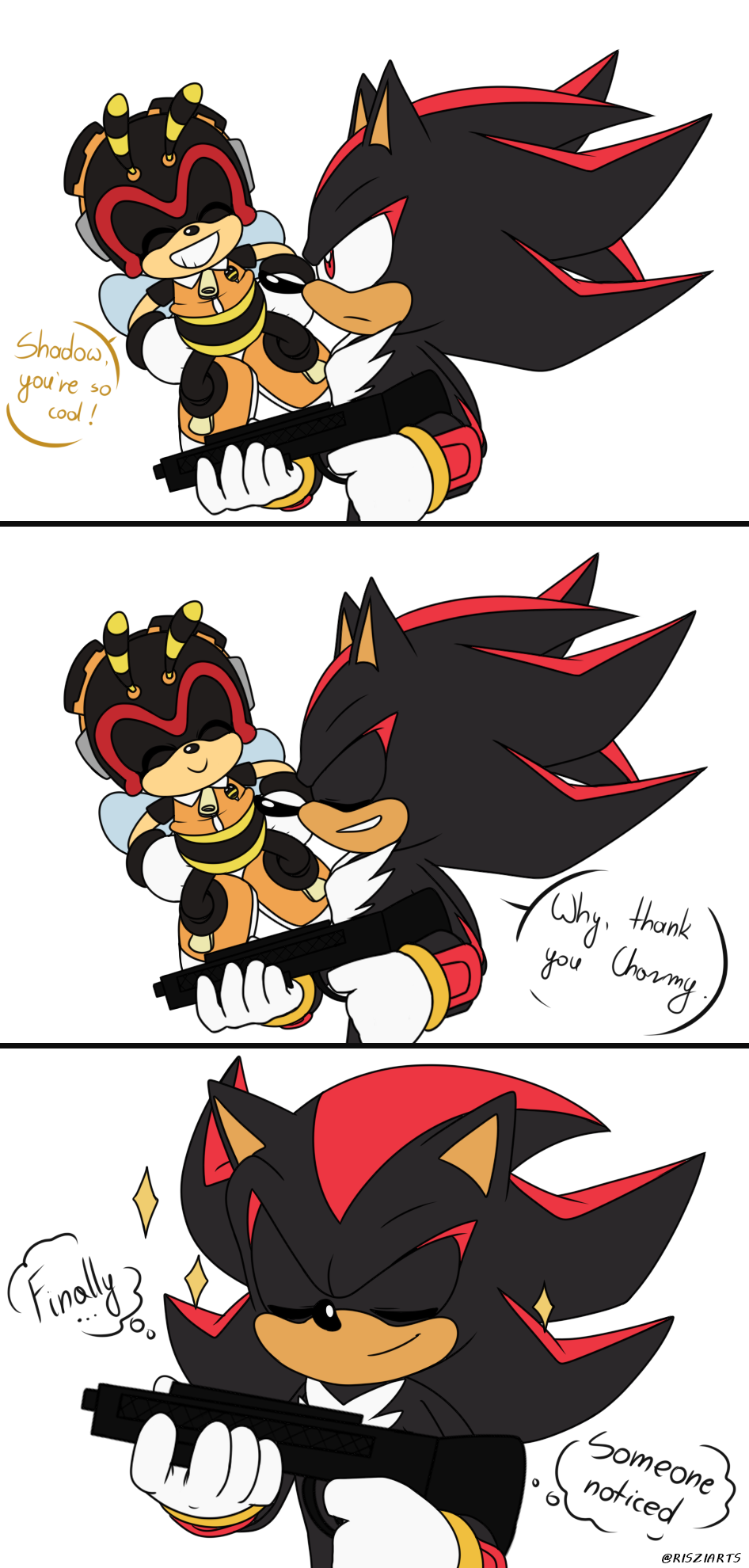 2boys, antennae, charmy_bee, closed_eyes, furry, furry_male, gloves, gun