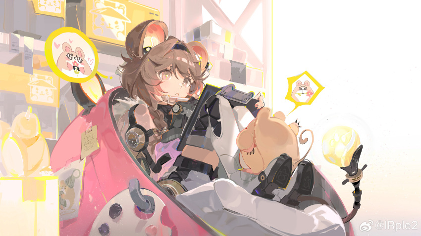 1girl, :<, absurdres, black_hairband, boots, braid, brown_eyes, brown_hair