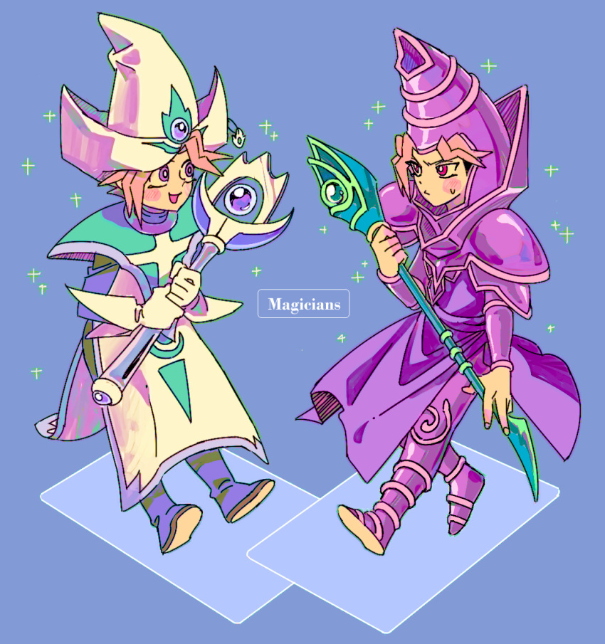 0109h, 2boys, armor, blonde_hair, blue_background, blue_footwear, cosplay, dark_magician