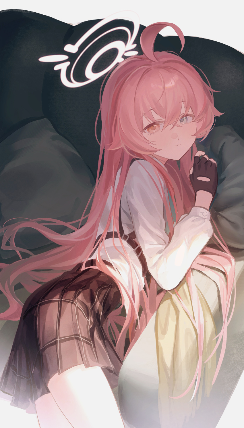 1girl, :3, absurdres, ahoge, black_gloves, blue_archive, blue_eyes, brown_skirt