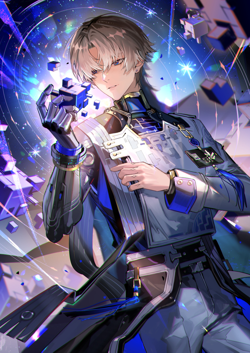 1boy, absurdres, blue_eyes, blue_shirt, brown_hair, chinese_commentary, coat, coattails