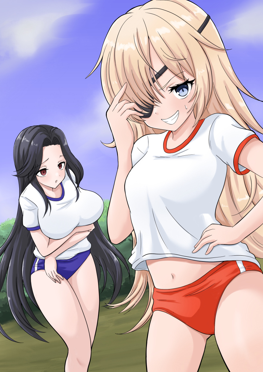 absurdres, alternate_costume, arms_under_breasts, black_hair, blonde_hair, blue_buruma, blue_eyes, breasts, buruma, clouds, commentary_request, cowboy_shot, eyepatch, goddess_of_victory:_nikke, grass, grin, guillotine_(nikke), hand_on_own_face, hand_on_own_hip, hand_up, highres, index_finger_raised, large_breasts, long_hair, looking_at_another, looking_at_viewer, maiden_(nikke), midriff, navel, open_mouth, outdoors, red_buruma, red_eyes, shirt, sky, small_breasts, smile, sweat, t-shirt, tree, turu_(rakugakituru77)