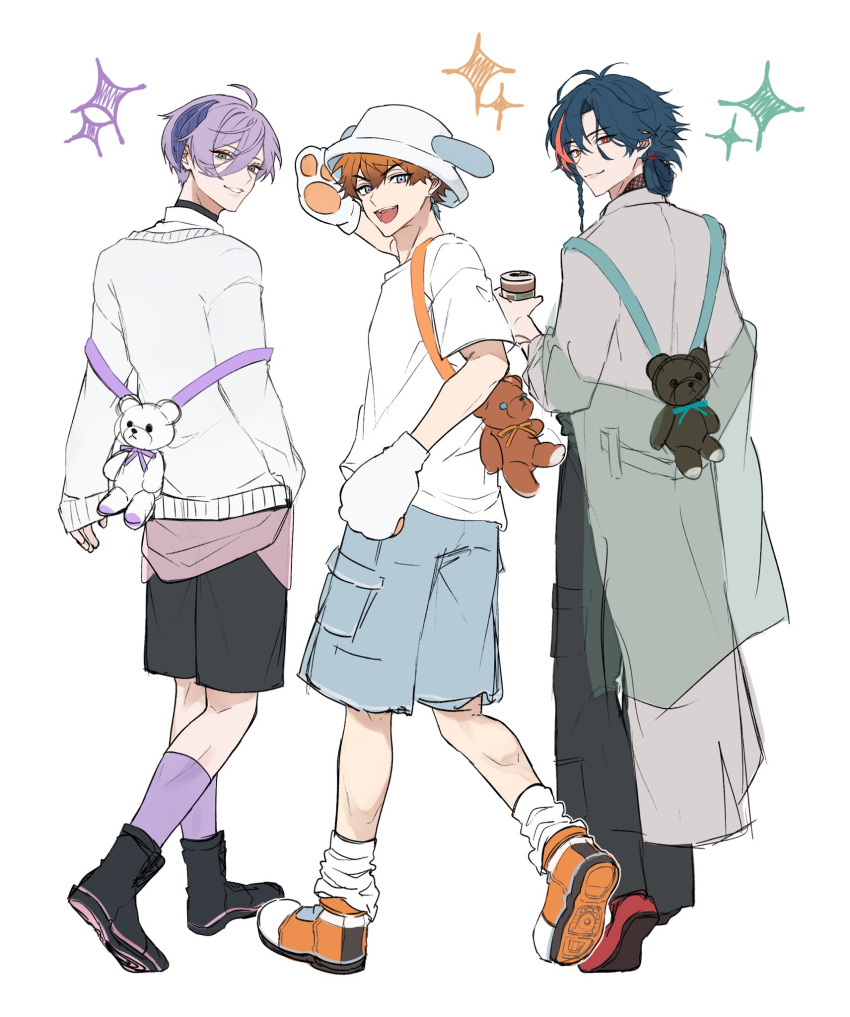 3boys, 3skm_(nijisanji), :d, ahoge, animal_bag, animal_hands, antenna_hair, bag, bear_bag, black_footwear, black_pants, black_shorts, blue_eyes, blue_hair, blue_shorts, boots, braid, bucket_hat, can, cardigan, closed_mouth, commentary_request, drink_can, earrings, fangs, from_behind, gloves, green_eyes, grey_shirt, hair_between_eyes, hand_up, hat, highres, holding, holding_can, jewelry, kaisei_(nijisanji), kitami_yusei, long_sleeves, looking_at_viewer, looking_back, male_focus, medium_hair, multicolored_eyes, multicolored_hair, multiple_boys, nijisanji, open_mouth, orange_footwear, orange_hair, pants, parted_bangs, parted_lips, paw_gloves, pink_eyes, purple_hair, purple_socks, ra_mentanaka, red_eyes, red_footwear, redhead, sakaki_ness, shirt, shoes, short_hair, short_sleeves, shorts, side_braid, simple_background, single_braid, single_earring, sleeves_past_wrists, smile, socks, sparkle, standing, streaked_hair, swept_bangs, t-shirt, teeth, upper_teeth_only, v-shaped_eyebrows, virtual_youtuber, white_background, white_cardigan, white_hat, white_shirt, white_socks