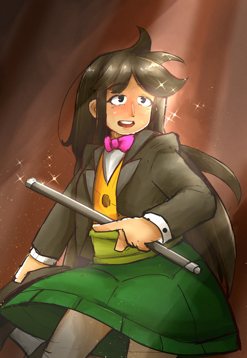 1girl, absurdres, bow, bowtie, brown_eyes, brown_hair, chinmissouri, happy