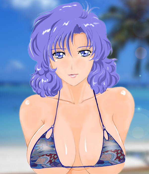 bikini, breasts, bust, curly_hair, gundam, large_breasts, momio_(judoroux), o-ring_top