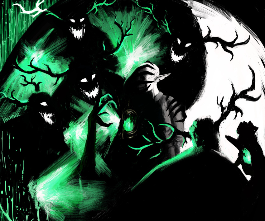 6+others, alien, blank_eyes, commentary, english_commentary, fire, green_fire, hatchling_(outer_wilds)