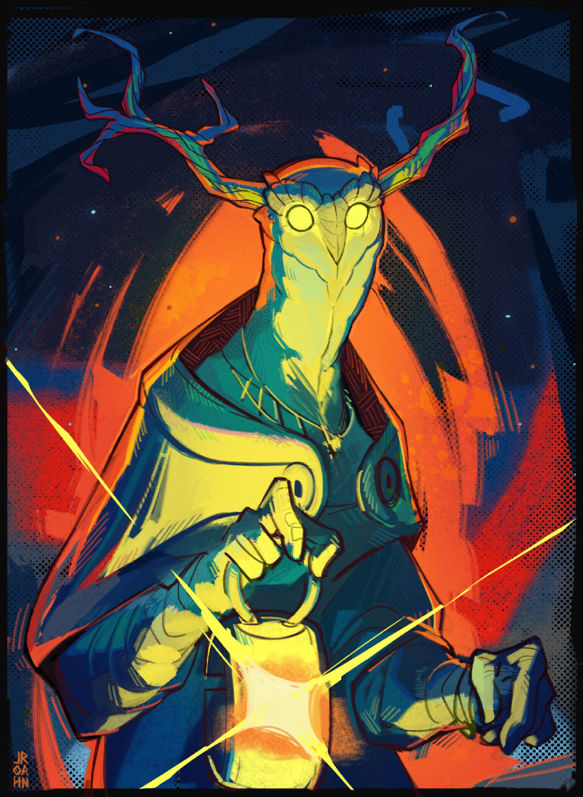 1other, alien, artist_name, black_border, border, cloak, commentary, english_commentary, high_contrast, highres, holding, holding_lantern, horns, jroahn, lantern, lens_flare, looking_at_viewer, outer_wilds, outer_wilds:_echoes_of_the_eye, solid_eyes, solo, the_stranger's_inhabitants, yellow_eyes