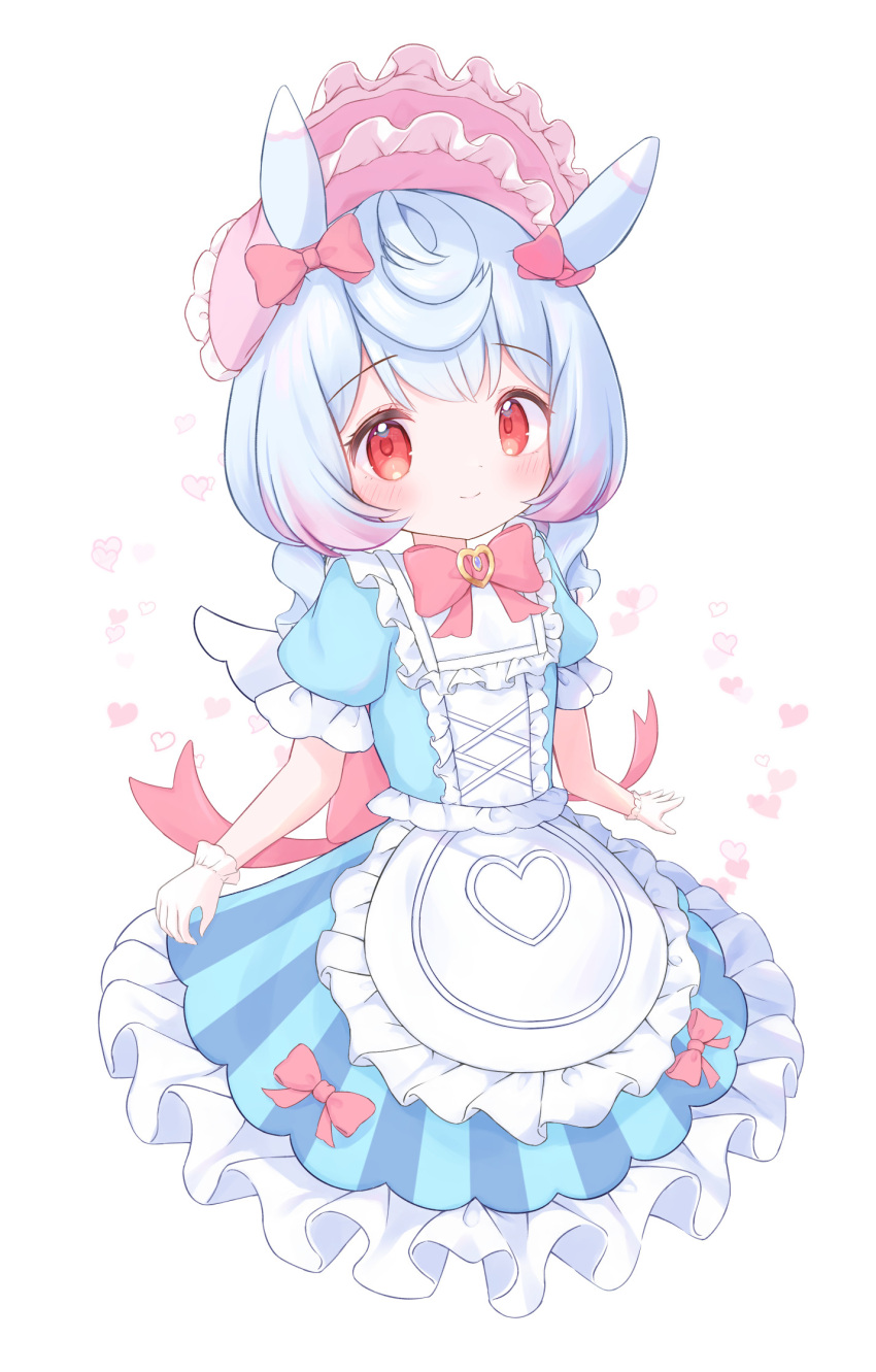 1girl, adapted_costume, apron, blue_dress, blue_hair, blush, bow, closed_mouth