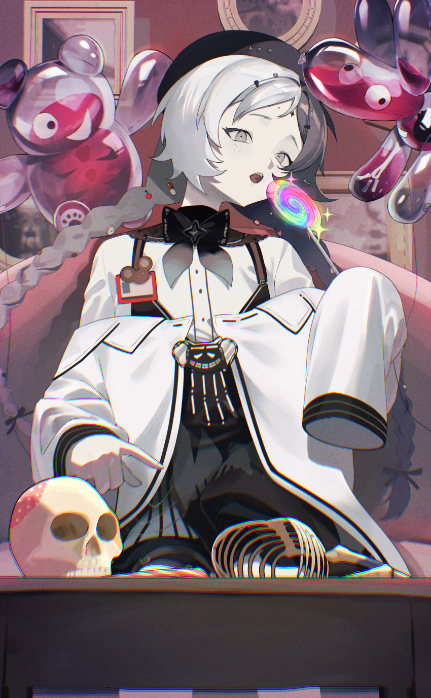 1girl, :o, absurdres, balloon_animal, balloon_party, beret, black_bow, black_bowtie