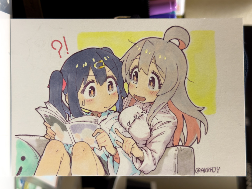 !?, 2girls, :d, ahoge, alternate_breast_size, artist_name, black_eyes, black_hair