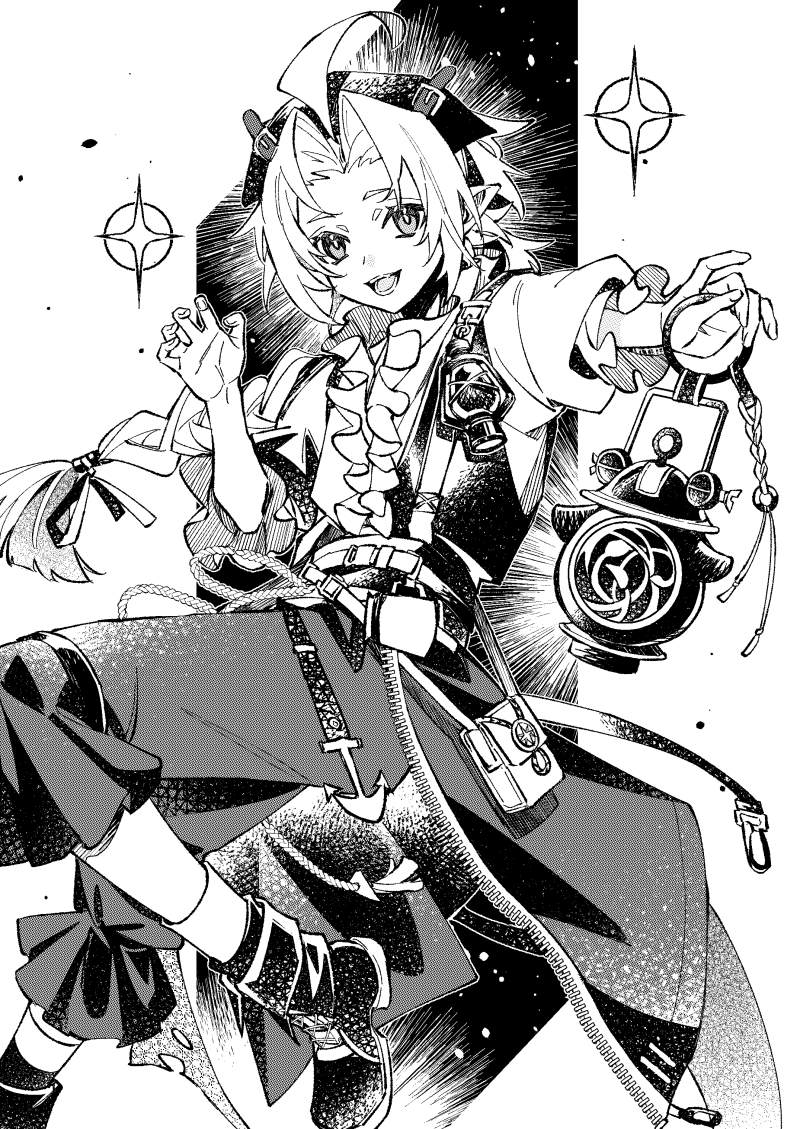 1girl, ahoge, arknights, aura, chinese_commentary, commentary_request, foot_out_of_frame, greyscale