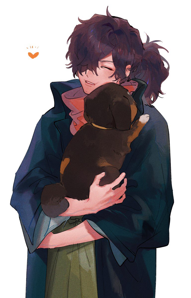1boy, animal, black_hair, chago_(aruchagos7180), closed_eyes, commentary, dog, fate/grand_order