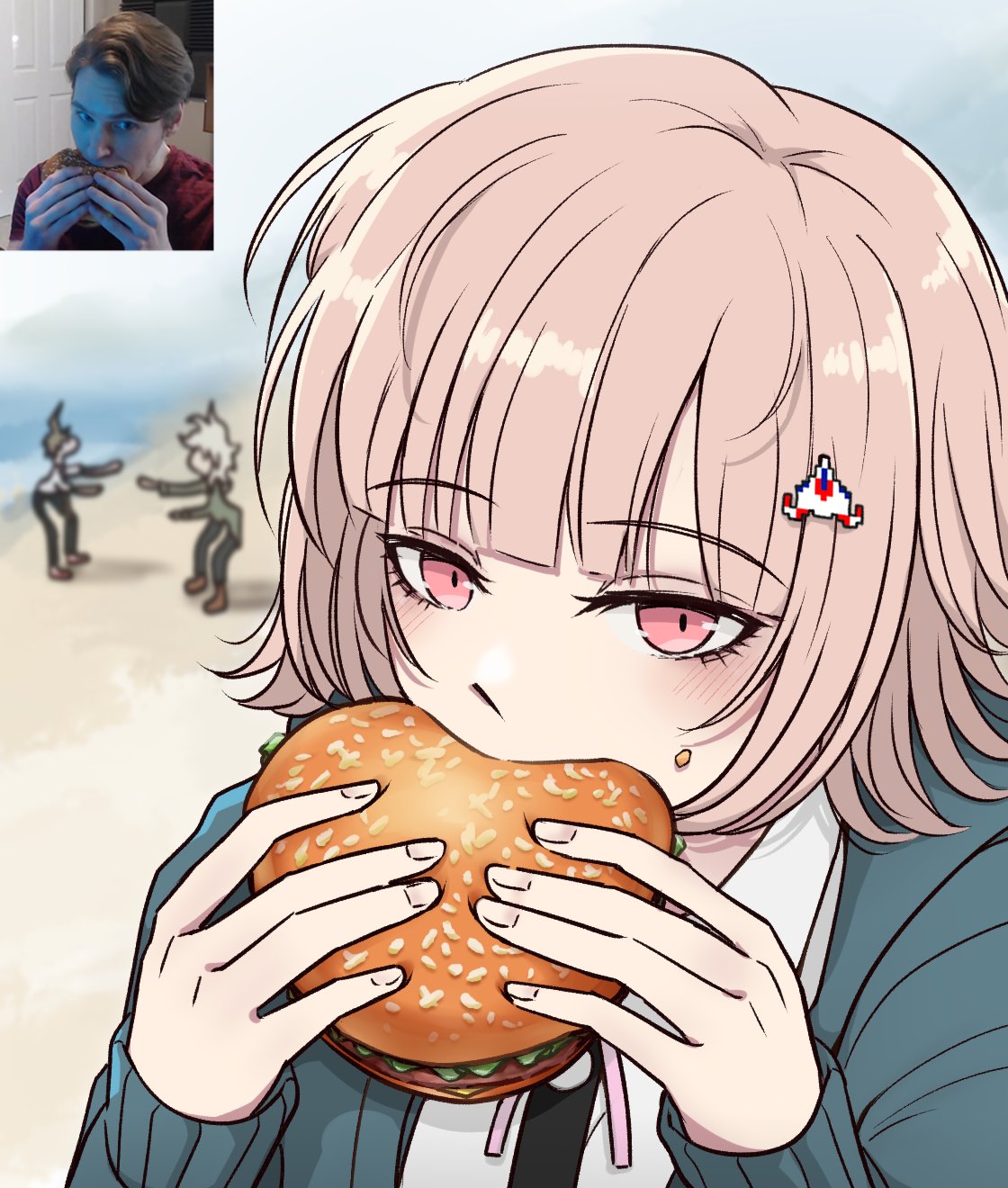 1girl, 2boys, ahoge, brown_hair, burger, danganronpa_(series), danganronpa_2:_goodbye_despair, eating