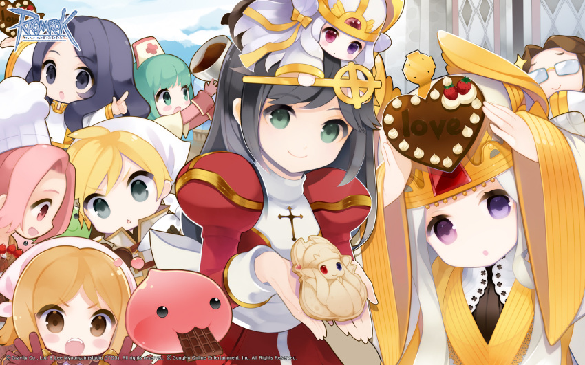 1boy, 6+girls, :3, :o, acolyte_(ragnarok_online), black_eyes, black_hair, blonde_hair