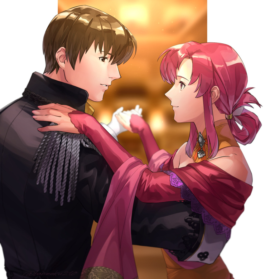 1boy, 1girl, asagi_(banzoku210), ascot, ballroom, ballroom_dancing, black_coat, blurry