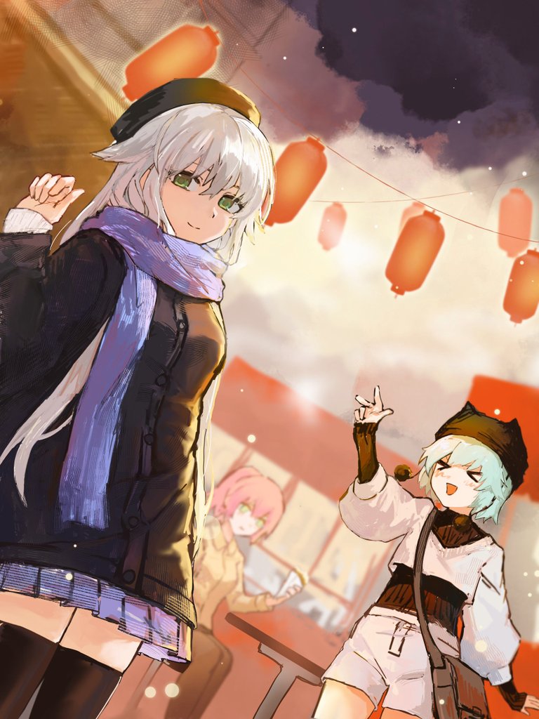 >_<, 3girls, :d, alternate_costume, altina_orion, amile, bag, beret