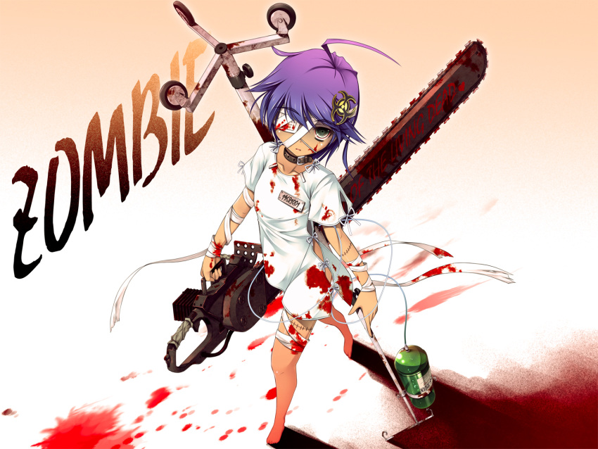al_bhed_eyes, bandage, bandages, barefoot, biohazard_symbol, blood, chainsaw, chima_q