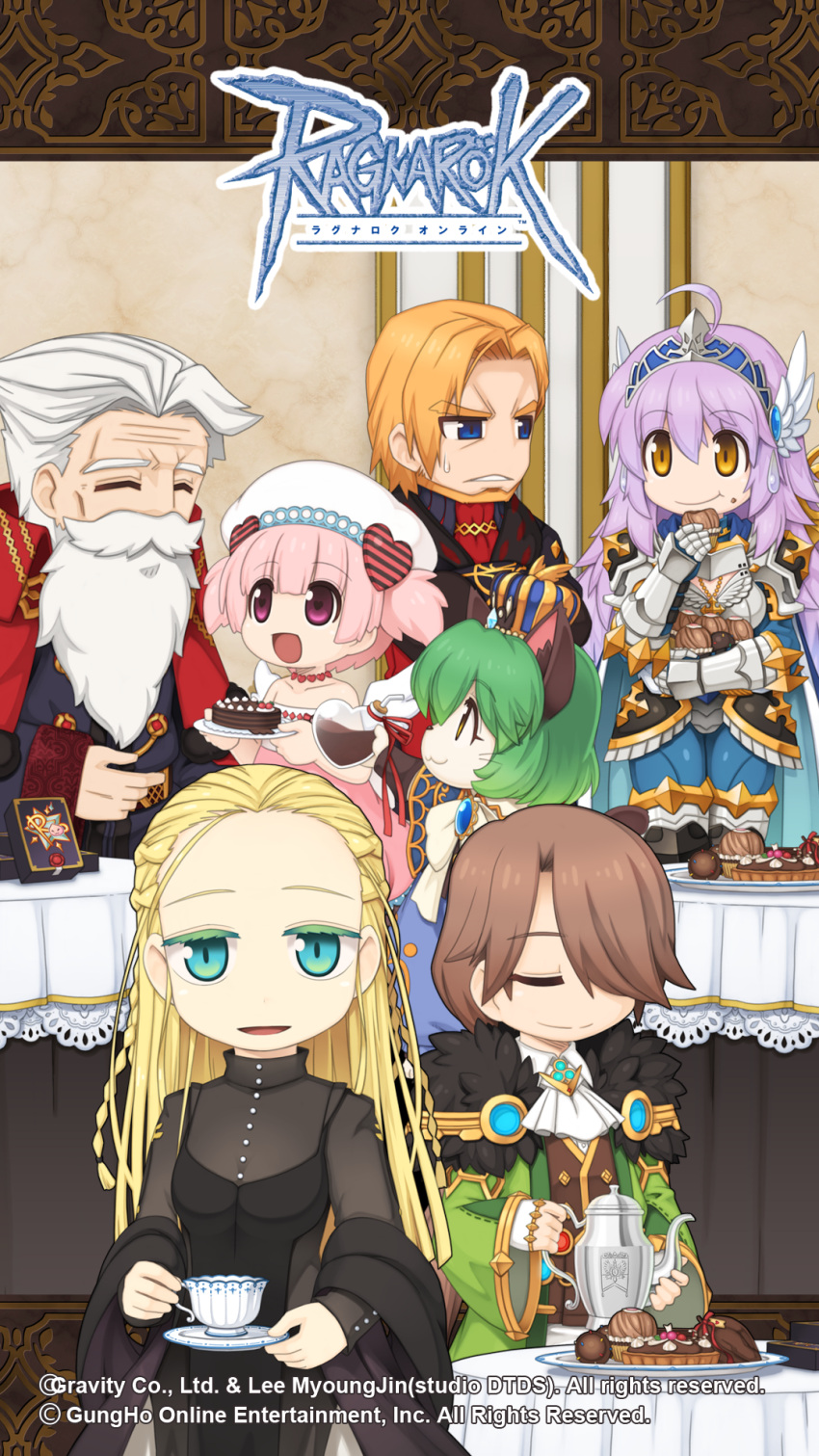 3boys, 4girls, :3, :d, animal_ears, armor, ascot, beard