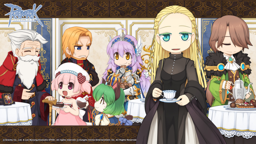 3boys, 4girls, :3, :d, animal_ears, armor, ascot, beard