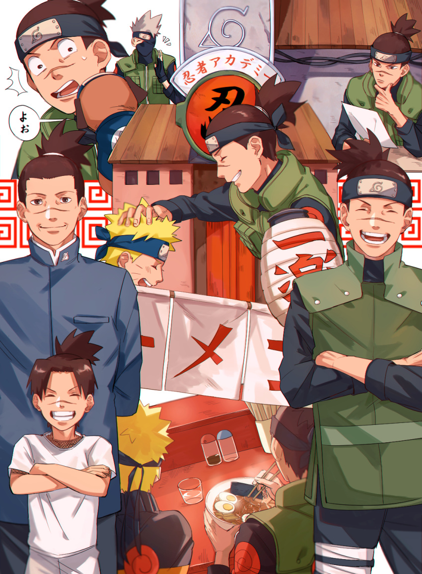 3boys, aged_down, aged_up, blonde_hair, blue_jacket, bowl, brown_eyes, brown_hair, child, chopsticks, closed_eyes, dog, eating, egg_(food), fingerless_gloves, flak_jacket, food, forehead_protector, glass, gloves, green_jacket, grey_hair, hardboiled_egg, hatake_kakashi, highres, holding, holding_chopsticks, holding_paper, jacket, konohagakure_shinobi_uniform, konohagakure_symbol, lantern, male_focus, mask, mirin_(coene65), mouth_mask, multiple_boys, naruto, naruto_(series), naruto_shippuuden, ninja_mask, noodles, nori_(seaweed), open_mouth, pakkun_(naruto), paper, paper_lantern, ramen, scar, scar_on_face, scar_on_nose, shirt, sweatdrop, umino_iruka, uzumaki_naruto, water, white_shirt