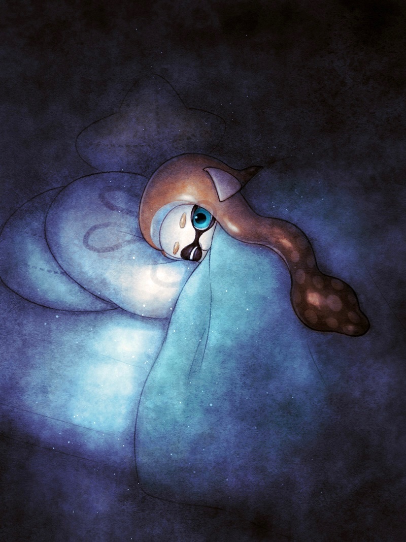 1girl, blanket, blue_eyes, commentary_request, floppy_ears, head_on_pillow, inkling, inkling_girl